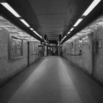 Empty information kiosk in Subway transfer corridor. Commuters waiting for a delayed train to navigate a changing passage. Wet tile grout lines