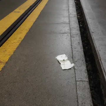 A discarded ticket stub in Underground subway platform. Commuters pause briefly, exchanging glances over the small piece of paper. Oil stain on concrete