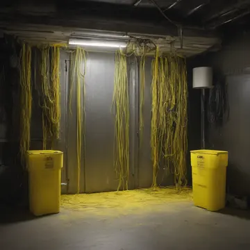 Spool of coiled electrical cords and spare parts in Utility closet near service entrance. The area is undergoing late-night inventory cleanup. Dust motes suspended in yellow light