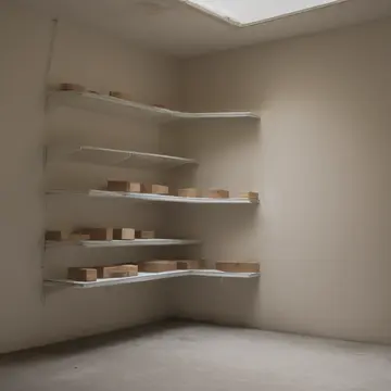 Stacked shelving units in Retail storeroom corner. Morning stocking routine interrupted by minor structural drift. Cardboard boxes labeled 'Seasonal'