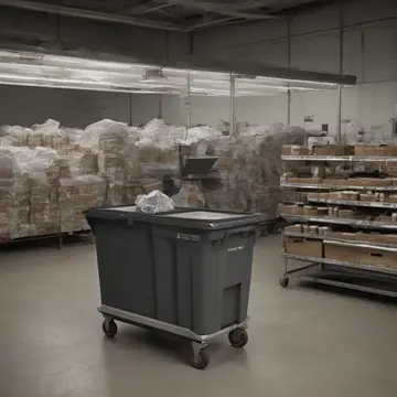 The designated return bin in Retail returns processing area. A night operator is monitoring the bin, noting its increasing count of handling. Dust film on the plastic label