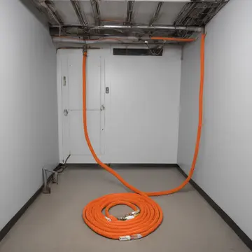 An orange extension cord in Utility closet adjoining a service corridor. A maintenance worker is performing a routine electrical repair. Dust motes suspended in weak morning light