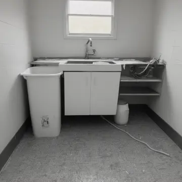 Mop bucket in Utility sink room adjoining kitchen prep area. The mop bucket contains water that perfectly reflects the empty, clean room. Wet grout lines