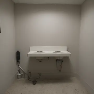 Wall-mounted temperature dispenser in Utility closet near main entrance. A late night operator is performing final checks before locking up. Dust film on polished linoleum floor