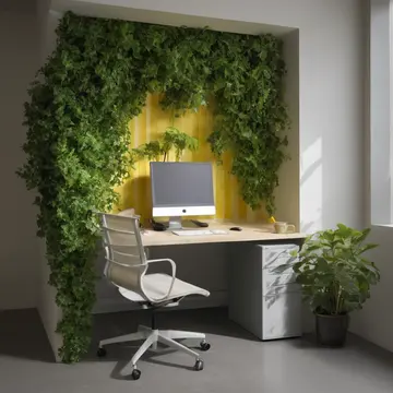Desk plant in Small office cubicle corner. The plant visibly leans toward an unopened inbox. Dust motes in stale air