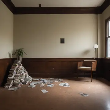 Overfilled credenza in Empty waiting room lobby. The room is set up for an appointment that was cancelled hours ago, but everything remains perfectly arranged. Dust motes in...