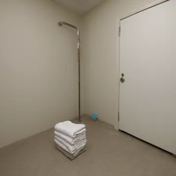 a stack of folded towels in laundry room utility closet. The room is being inspected for structural integrity after a minor plumbing leak. Damp lint residue on the shelf lip