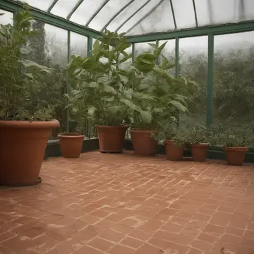 A patch of potted basil in Sunroom with terracotta tiles. An inventory clerk observes the plant's methodical leaf rotation. Dust motes suspended in afternoon light