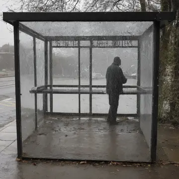 Worn bench seating in Station corner shelter. Waiting for an arriving bus in damp air. Grime on the glass panel
