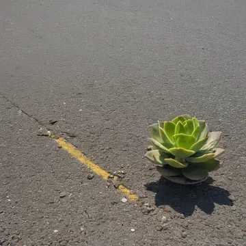 Small potted succulent plant in Municipal parking lot service bay. Cleanup after the daily vehicle inspection routine. Yellow caution tape remnants