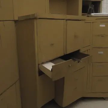 Index card cabinet in Small office filing room. A stack of forms is being organized for an archive refresh. Yellow manila folders