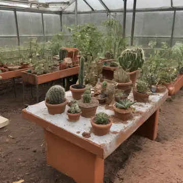 Overly analyzed potted succulent in Greenhouse potting bench. Arranging small, labeled plant specimens for inventory. Dust on terracotta pots