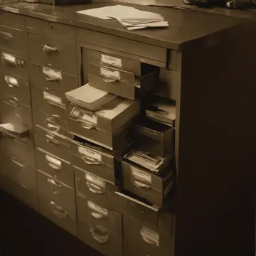Card catalog drawer in Utility office breakroom. A stack of misfiled index cards is slowly sliding out. Yellowed manila folders