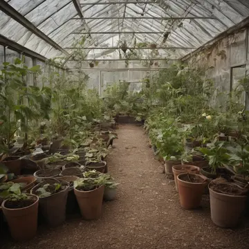 A large tropical leaf plant in Community greenhouse potting shed. The routine potting of seedlings is interrupted by the plant's subtle, rhythmic rocking. Wet terracotta pots