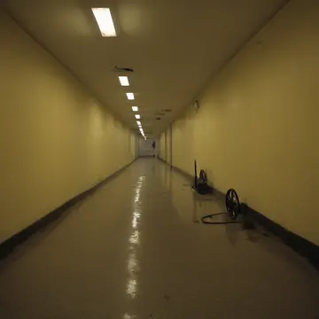 A misplaced industrial dolly in Sublevel utility corridor. Cleaning crew clearing out after closing hours. Dust motes suspended in yellow light