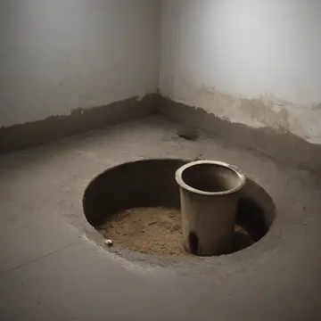 Stack of empty ceramic pots in Basement storage room. A damp patch on the floor is causing one pot to slowly tilt. Wet grout lines