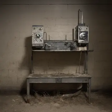 Weather gauge and dehumidifier in Sublevel maintenance staging area. A routine check is interrupted by condensation forming on an unused shelf. Water streaks down painted cinder...