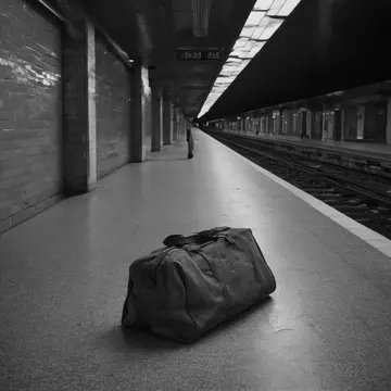 Overstuffed duffel bag in Subway platform waiting area. Waiting for an unscheduled train connection during late afternoon. Scuffed rubber soles on floor tile