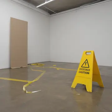 Yellow caution tape line in Stockroom receiving bay. A worker is carefully navigating around an unmarked taped boundary. Dust motes suspended in a single shaft of light