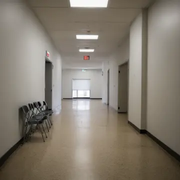 Stacked folding chairs in Hallway near service entrance. The room is arranged for a meeting that hasn't started. Scuffed linoleum floor