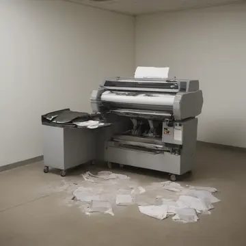 Receipt printer unit in Service counter corner. The machine is being cleared and inspected for paper jams. Scraped ink dust on laminate