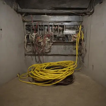 Spools and coiled electrical cords in Utility storage room corner. A meticulous re-stacking of unused equipment parts. Dust film on metal shelving