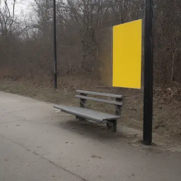 A bench awaiting passengers in Empty municipal bus shelter. The waiting routine is paused, leaving objects in an unnatural stillness. Yellow plastic seat slats