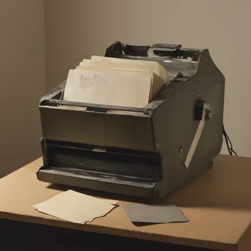 Binding Machine in Records Annex Storage Room. A stack of folders is leaning against the machine, slightly askew. Dust motes in the air