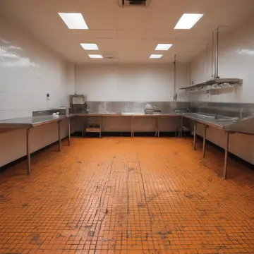 Orange display crate in Cafeteria prep station. Morning inventory setup after deep clean. Wet grout lines on the floor