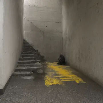 Wet public seating bench in Subway transfer stairwell. A maintenance worker is wiping down the bench after an unexpected cold rain. Slick concrete steps