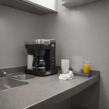 The industrial coffee maker in Corporate breakroom corner. Staff are attempting to complete morning beverage routines. Yellowing laminate countertop