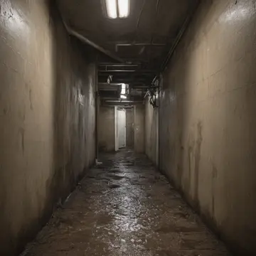 Stacked industrial crates in Utility corridor near back entrance. A damp corner where condensation collects on metal surfaces. Wet cardboard edge