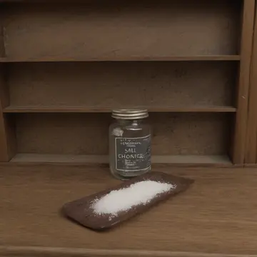 Salt container in Utility pantry shelf. A damp patch on the shelf forces salt to be transferred repeatedly. Salt crystals