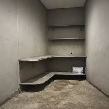 Industrial metal shelving unit in Utility room near back entrance. A low, rhythmic hum emanates from the corner of the shelf. Faint condensation streaks on painted metal