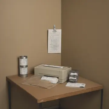 Label dispenser unit in Utility office corner. A stack of forms is being sorted and labeled for filing. Dust motes catching the weak overhead light