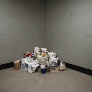 Cardboard return bin in Retail stockroom corner. Employees are straightening the contents of the bin for inventory count. Stack of folded t-shirts