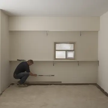Modular shelving unit in Utility room corner. A technician is adjusting a level on a shelf bracket. Dust film on the floor tiles
