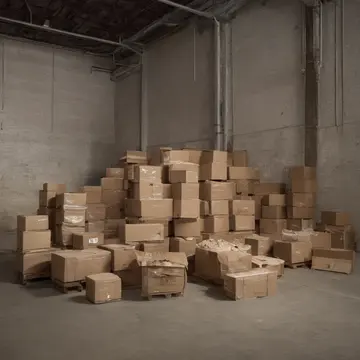 Cardboard box stack in Warehouse returns staging area. Inventory items are being counted and stacked after return. Dust motes suspended in weak light
