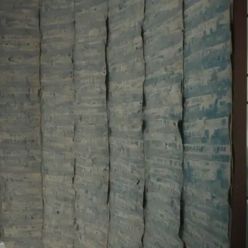The edge of a printed return label dispenser in A small, brightly lit municipal record office corner. A clerk is resetting the labels for the day's intake. Dust motes suspended in...