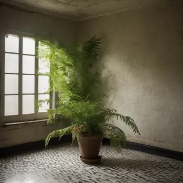 Small potted fern in Empty waiting room corner. The plant is positioned directly in the path of the afternoon sunbeam. Dust motes suspended in light