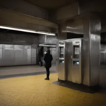 A row of unused fare cards in Subway platform ticket kiosk. People are waiting for the train to arrive, trying to maintain a normal pace. Yellow tiled floor grout lines