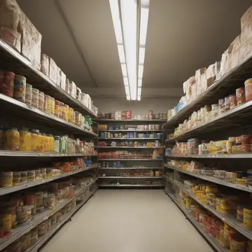Shelf unit with rotating labels in Small grocery storeroom. Staff are restocking canned goods for an evening sale. Dust motes suspended in overhead light