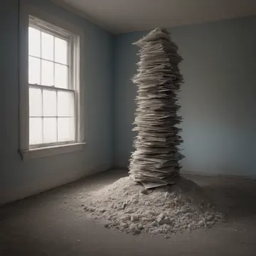 A stack of manila forms in Small administrative back office. The day's paperwork has been arranged for processing, but one element resists the morning reset. Dust motes floating in...