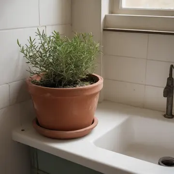 A potted rosemary bush in Utility sink area. The plant seems to be correcting its own placement on the sill. Damp terracotta pot