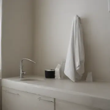 A stack of damp towels in Utility room counter. Staff are attempting to complete end-of-day cleaning procedures. Salt residue on porcelain sink basin
