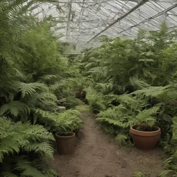 A cluster of potted ferns in Botanical greenhouse staging area. An inventory clerk is cataloging the foliage, noting unusual patterns of growth. Damp terracotta pots