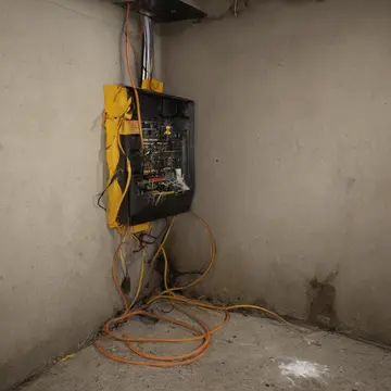 Orange extension cord in Utility closet corner. A failed electrical repair job that requires constant minor adjustment. Dusty junction box