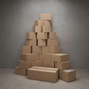 Overstock cardboard boxes in Retail supply storeroom. Inventory is being organized according to an arbitrary, non-visible sequence. Dust motes suspended in stale air