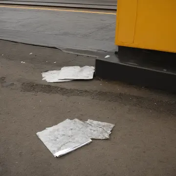 A stack of labeled manila folders in Suburban train platform corner. Waiting for a train that is perpetually late, surrounded by discarded paperwork. Yellowed corner of a transit...