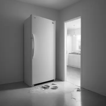 Refrigerator light fixture in Suburban kitchen pantry. The door has closed, but a faint internal illumination remains. Dust film on rubber gasket